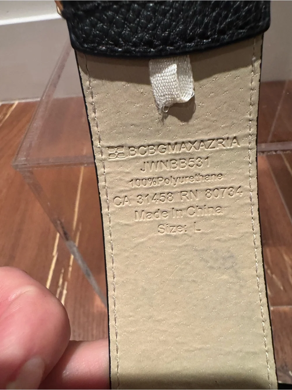 BCBG Black Faux Leather Belt with Gold Pyramid Stud Buckle. 34” long.